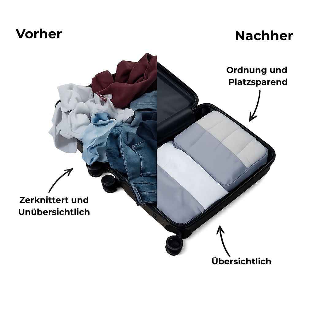Packwürfel ordentlich sortiert im gepackten Koffer