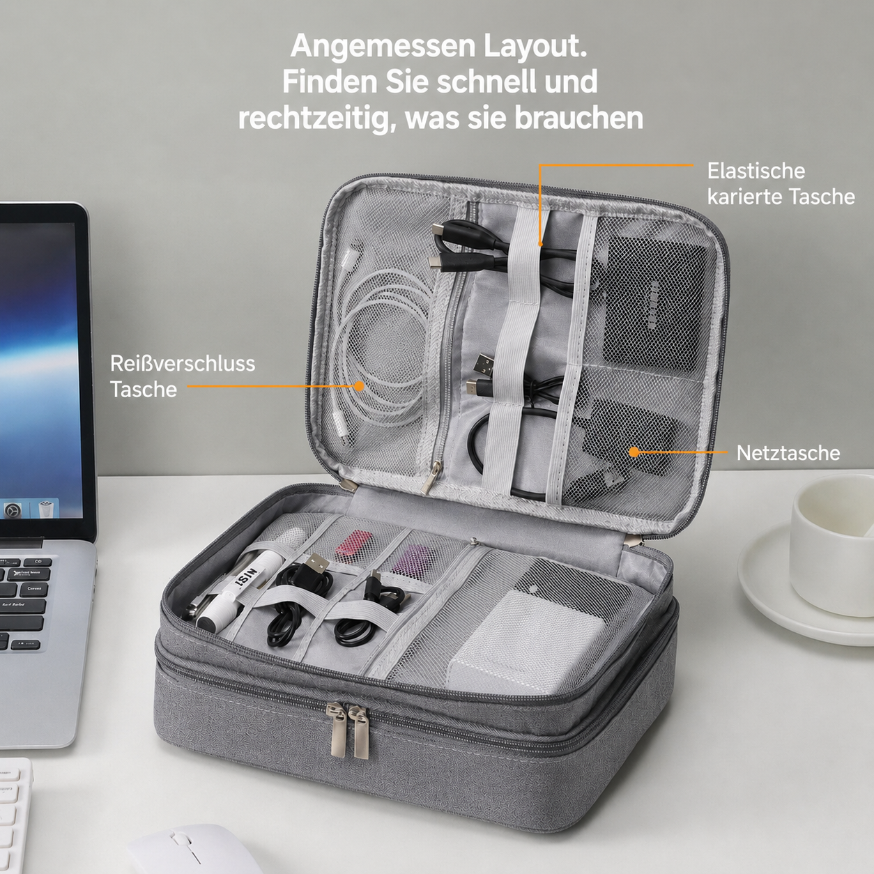 Kabel Organizer Tasche mit Ladekabel und Powerbank befüllt