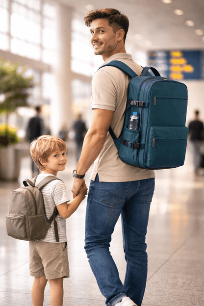 Mann mit Vakuum Rucksack als Handgepäck unterwegs