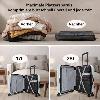 Vorher-Nachher-Vergleich: Kleiderstapel unkomprimiert und im Vakuumbeutel, dazu gepackte Koffer mit 17-Liter- und 28-Liter-Beutel