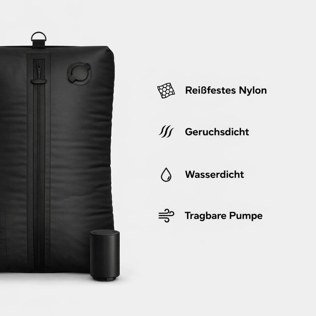 Vakuumbeutel komprimiert über 15 Kleidungsstücke auf 60 % weniger Volumen