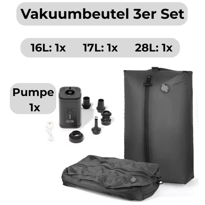 Vakuumbeutel 3er Set mit 16, 17 und 28 Liter Fassungsvermögen inklusive Pumpe