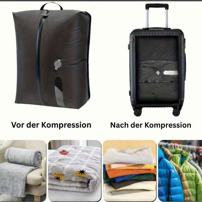 Vakuumbeutel vor und nach der Kompression im Koffer, geeignet für Decken, Bettwäsche und Jacken