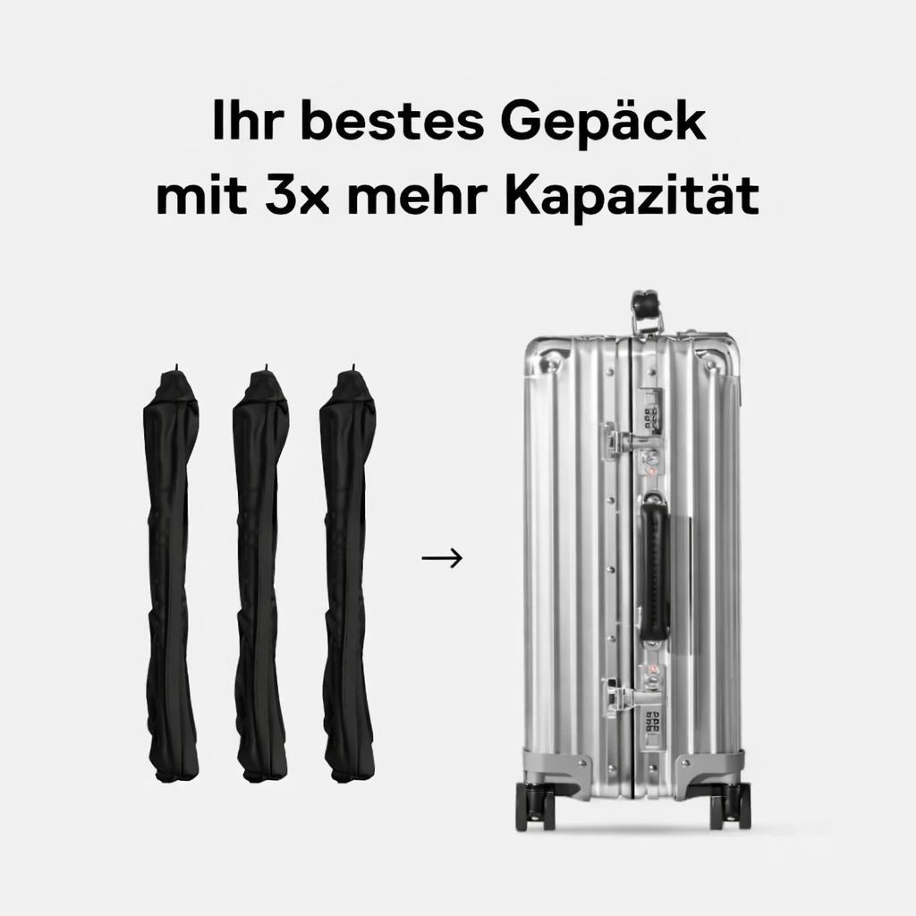 Drei komprimierte Vakuumbeutel im Vergleich zu ungenutztem Kofferraum